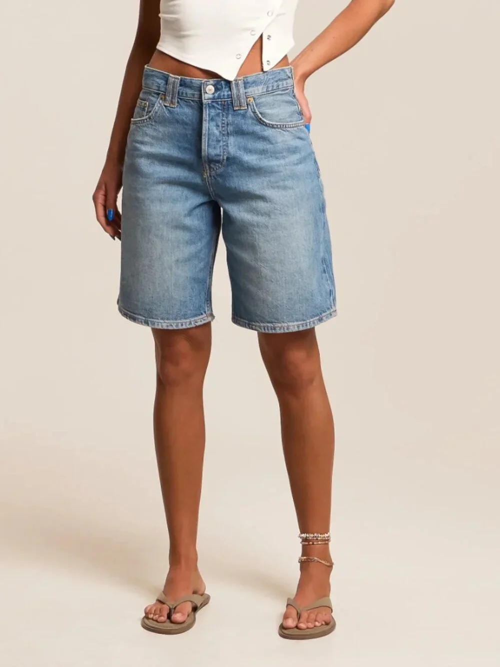 FREE PEOPLE Montana Short Long Denim Shorts Baggy Loose Bermuda Light Wash sz 27